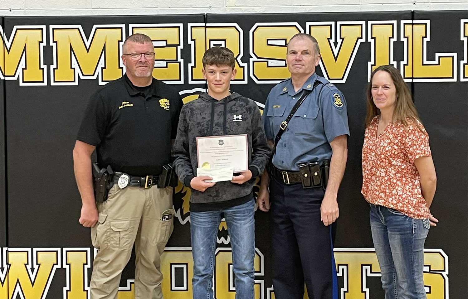 Essay Contest Winner – East Side – 2nd Place – Koller Ashlock from Summersville High School Pictured L to R: Josh Ashlock (Koller’s father and School Resource Officer), Koller, Captain Bruce Fisk (MSHP), and Becky Wuertley (Koller’s teacher)